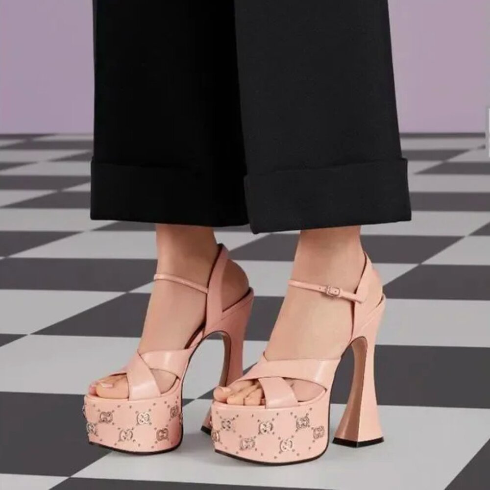 NEW GUCCI Interlocking GG Studs Rose Leather Platform Sandals EU 39.5 US 9.5 - Picture 8 of 12